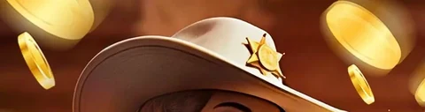 Potongan lebar topi koboi putih berlencana emas dan koin emas dari artwork resmi rpvip3